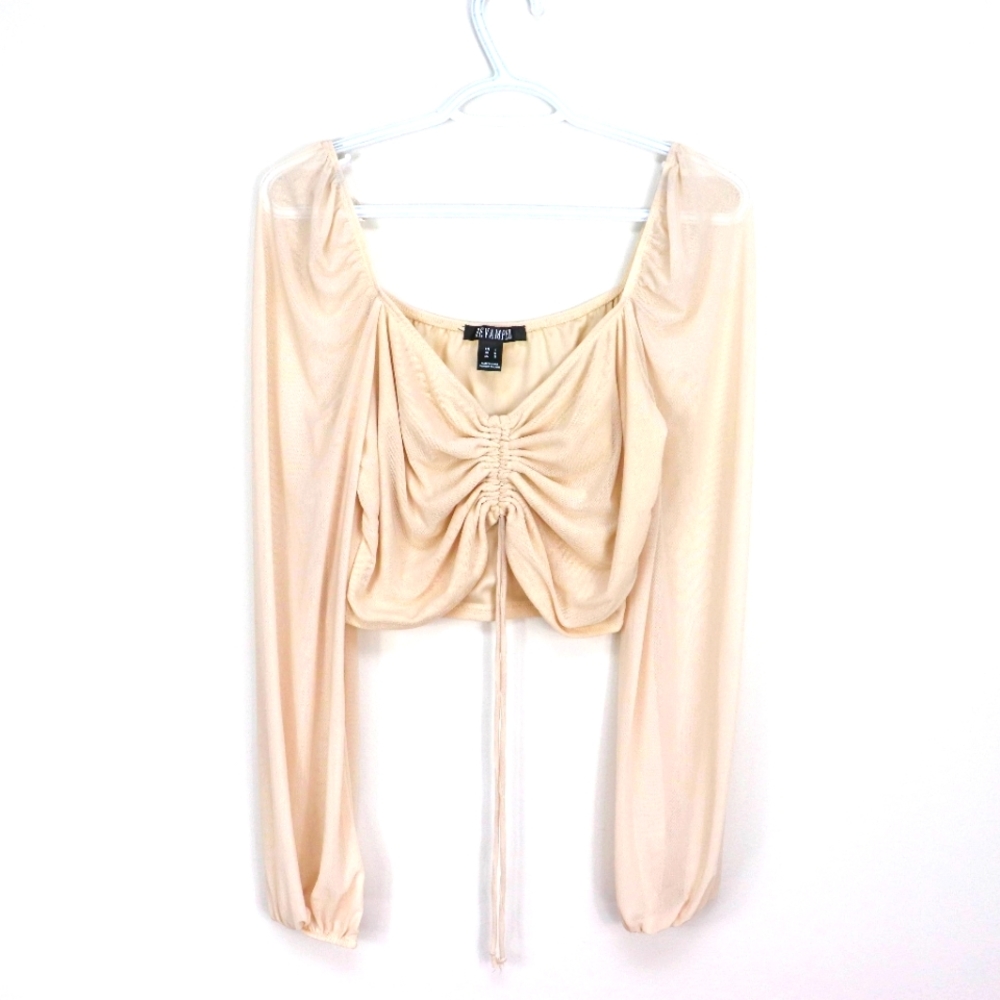 2/$15 Sheer Sleeve Self-Tie Front Crop Top